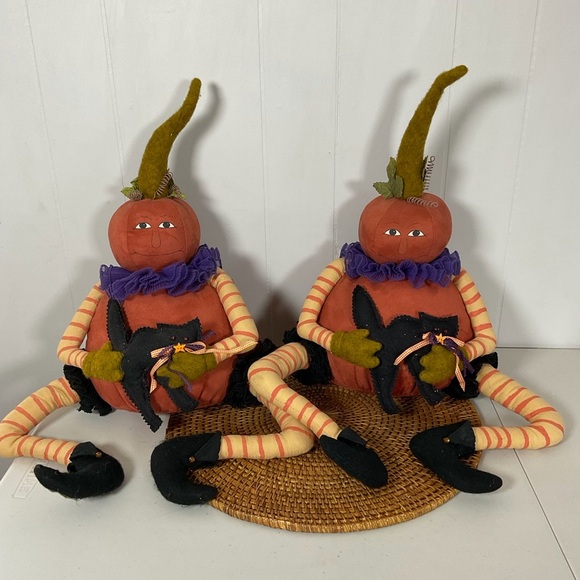 Large Halloween Fall Pumpkin Shelf Sitter Holding A Black Cat Dangling Legs 19” - Picture 1 of 3
